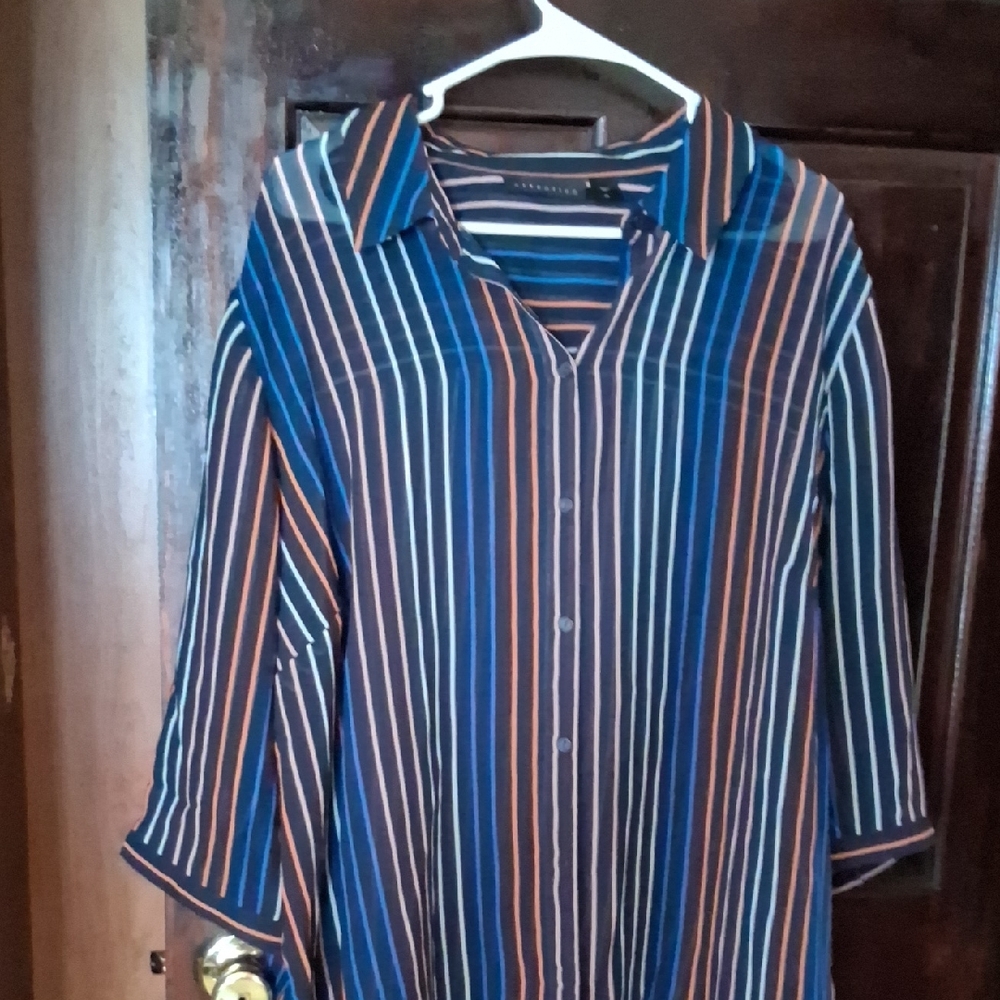 attention Navy, Orange and White Vertical Stripe Button-Down Shirt